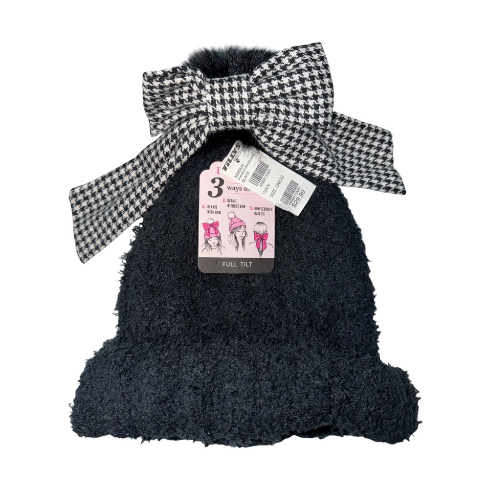 Full Tilt Kids‎ Black Fuzzy Beanie Houndstooth Bow Pom Pom 3 Ways to Wear